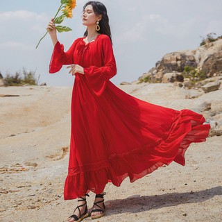 Đầm maxi nữ tay dài phối ren phong cách vintage xinh xắn