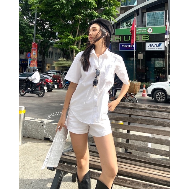 Set áo sơ mi trắng phối cùng short jean nữ năng động MIEU - JJN15