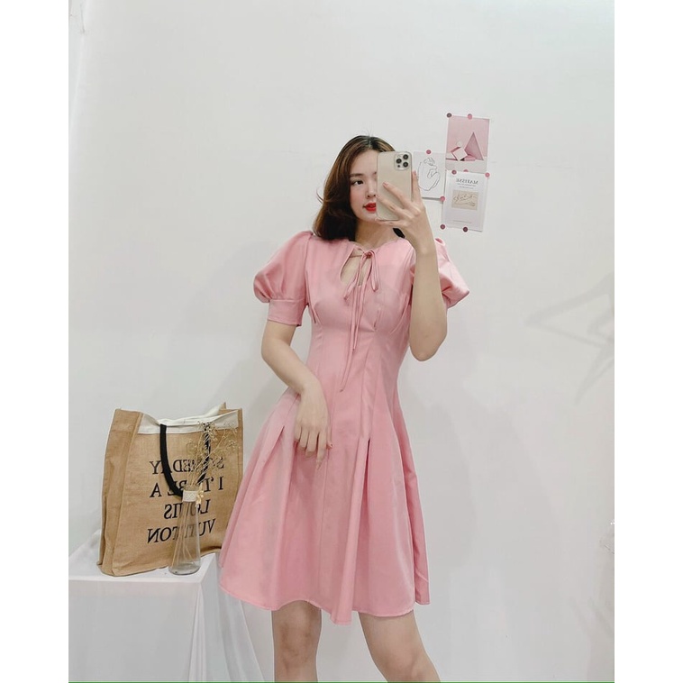 Đầm dự tiệc, Đầm xòe, Đầm công sở CAO CẤP, SIÊU XINH thiết kế màu hồng tay ngắn cổ kính - MiNhi