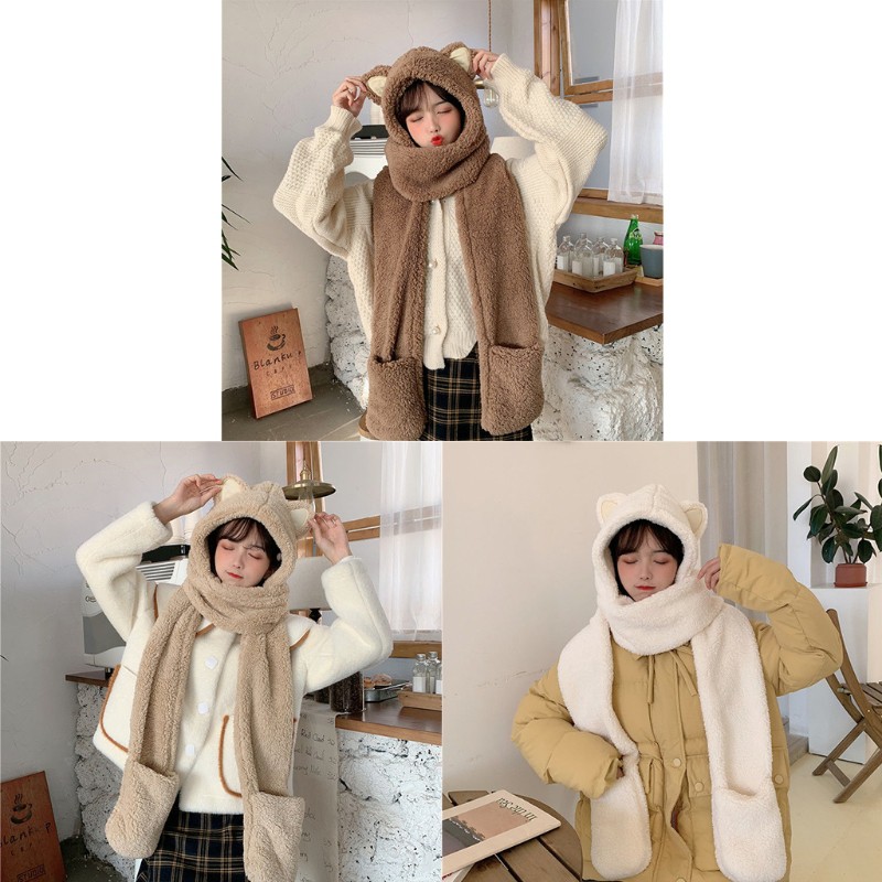 Khăn choàng lông nhung có mũ tai mèo và găng tay 3 trong 1