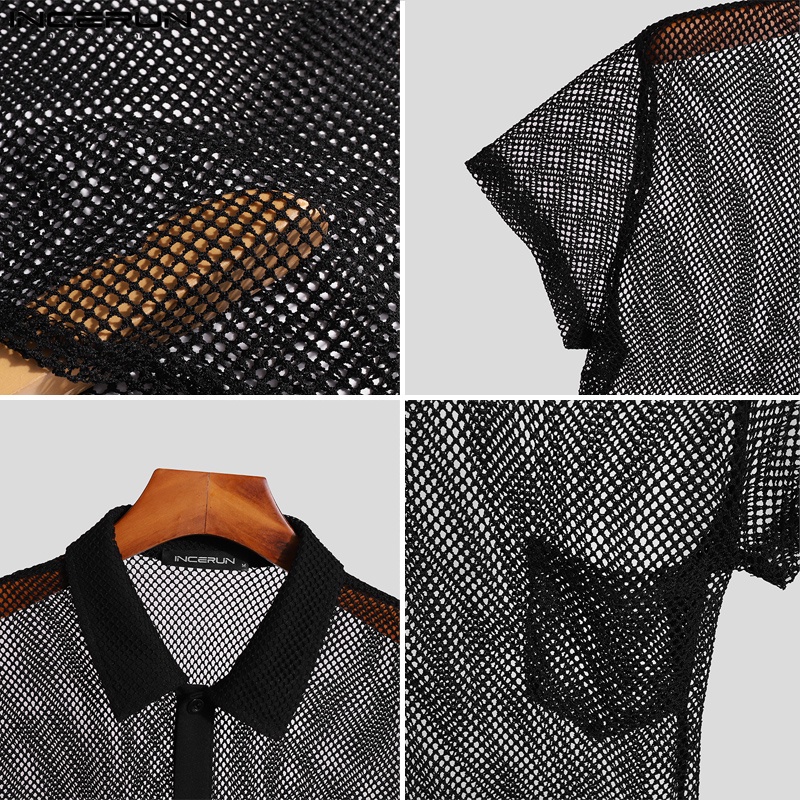 INCERUN Áo Sơ Mi Lưới Tay Ngắn Trong Suốt Cài Khuy Thời Trang Cho Nam