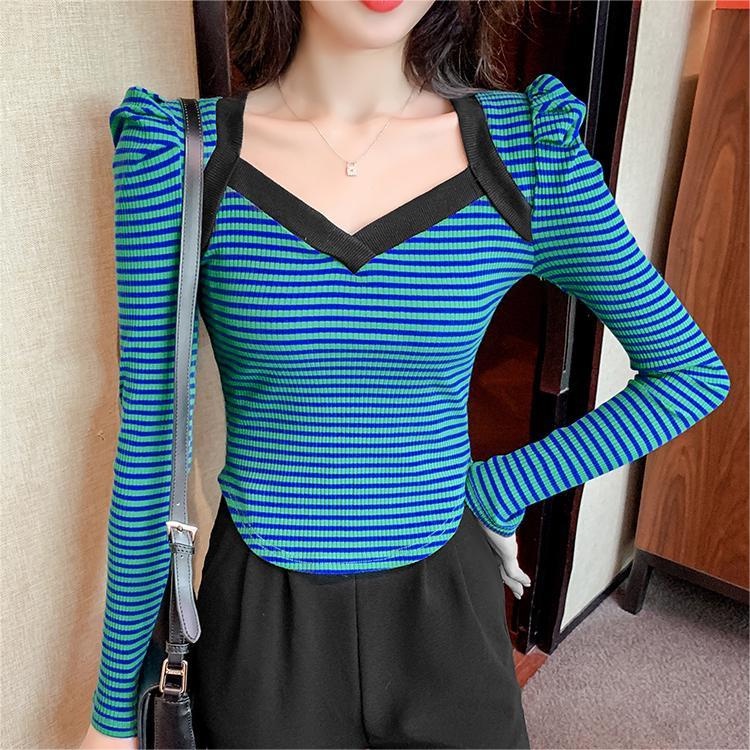 Áo len tay phồng ZHELIHANGFEI họa tiết kẻ sọc dáng ôm quyến rũ