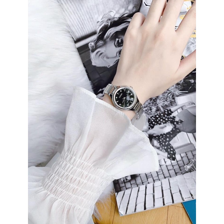 Đồng hồ nữ Citizen FE2100-51E dây bạc, mặt đen - Size 29mm