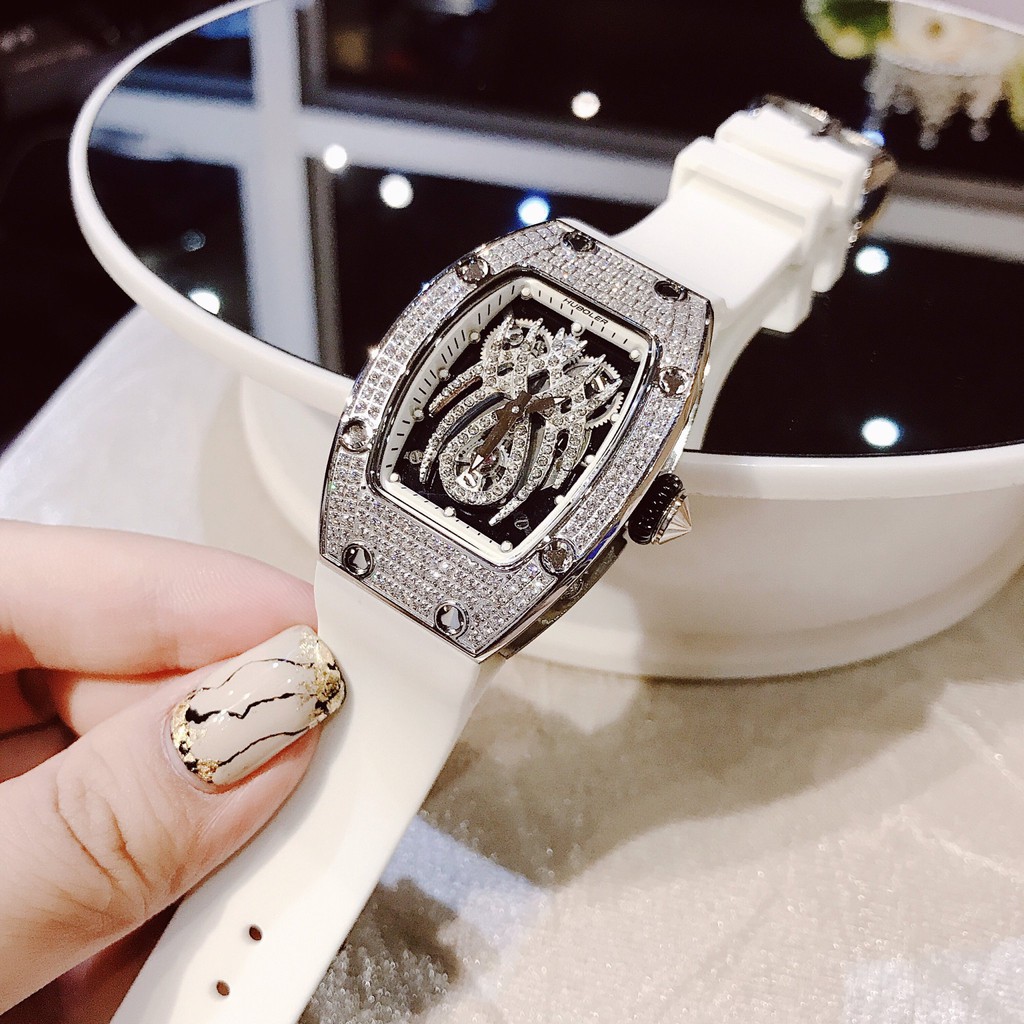 Đồng Hồ Huboler Nữ Dây Silicon Trắng Mặt Nhện 31x42mm Silver Chính Hãng