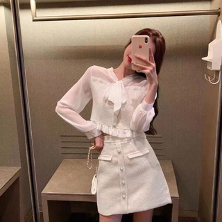 Set áo và chân váy dạ phối ren