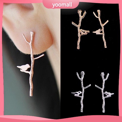 Khuyên tai kim loại hình nhành cây và chú chim thanh lịch cho nữ