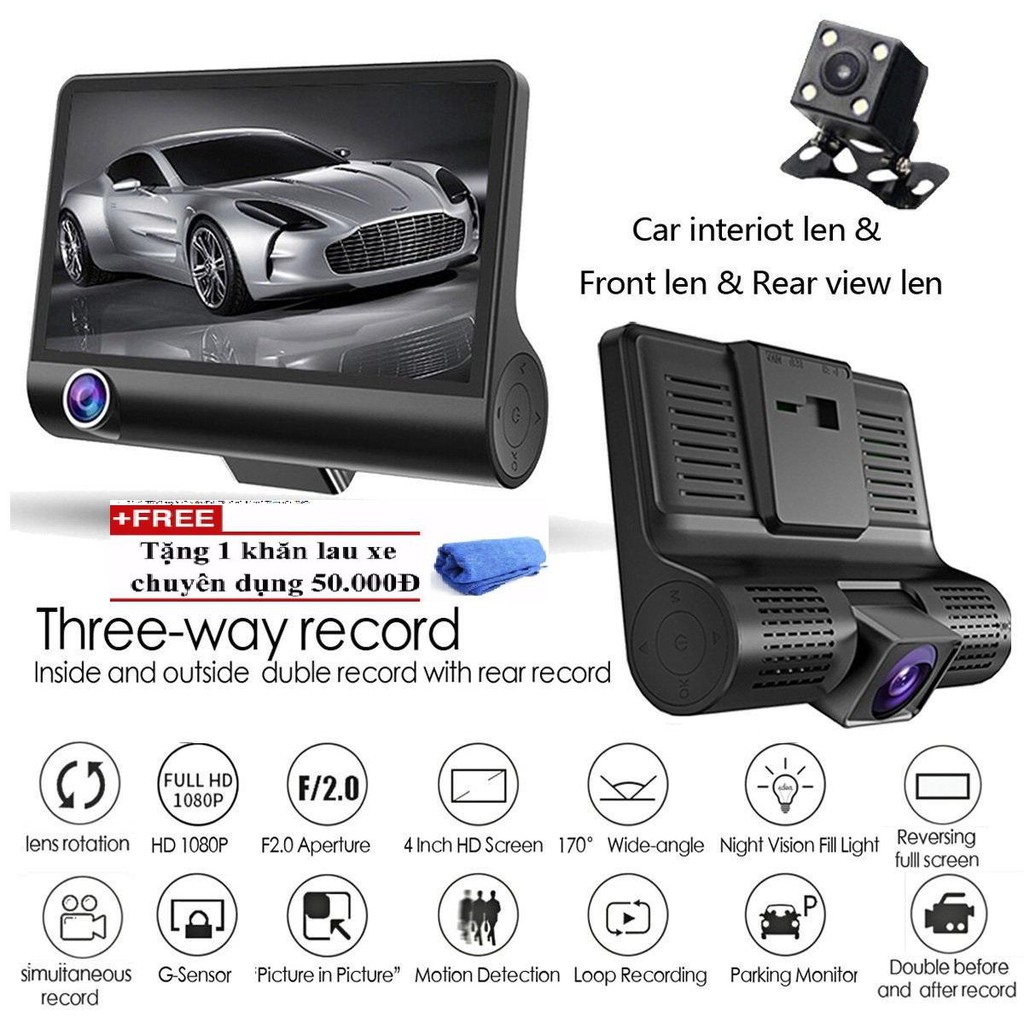 Camera Hành Trình 3in1 hàng tiêu chuẩn Quan Sát mọi góc nhìn, Màn Hình 4 Inch Full HD 1080 TẶNG KHĂN LAU XE CAO CẤP