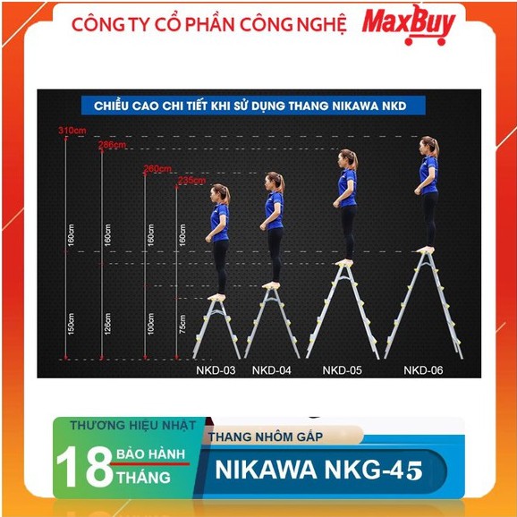 Thang nhôm, thang chữ A Nikawa NKD 3, 4, 5 bậc nhập khẩu Nhật Bản, bảo hành 18 tháng NKD-03, NKD-04, NKD-05