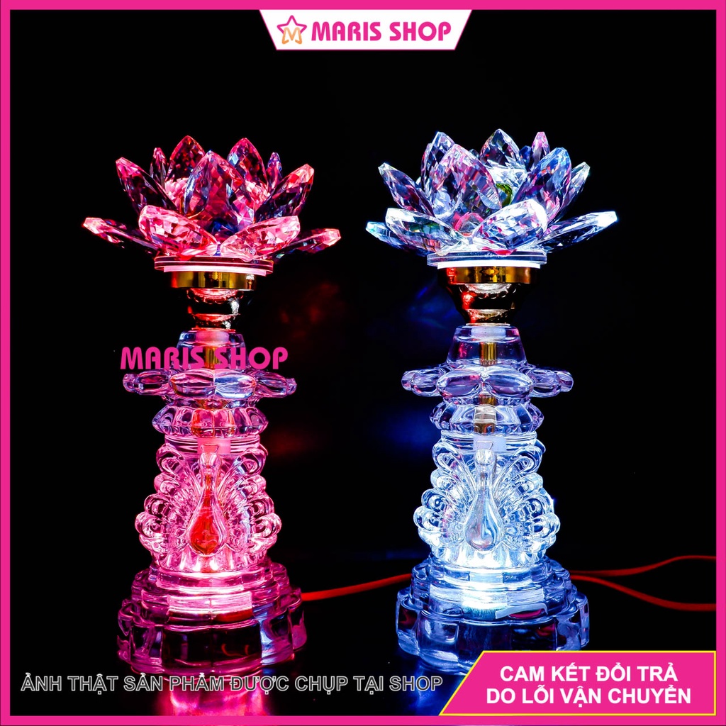 Bộ 2 Đèn Hoa Sen Pha Lê Nguyên Khối Để bàn Thờ Phật, Đèn Hoa Sen Đèn Thờ Cúng Cao 26cm