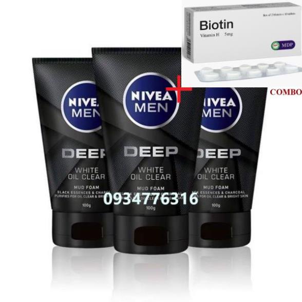 Combo Biotin 5mg+ ✅ Sữa rửa mặt Nivea Men than hoạt tính 50-100g