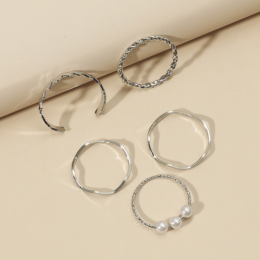 Set 5 nhẫn nữ, bộ 5 chiếc nhẫn đính hạt ngọc cao cấp, phong cách thời trang cá tính