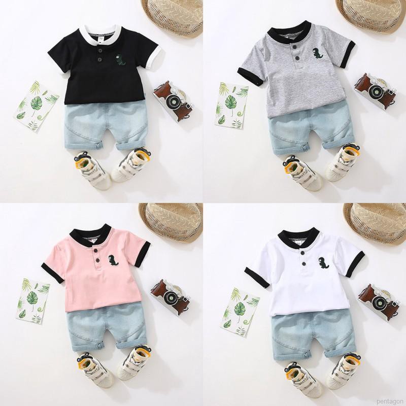 Bộ áo thun tay ngắn in hình khủng long + quần short denim cho bé trai