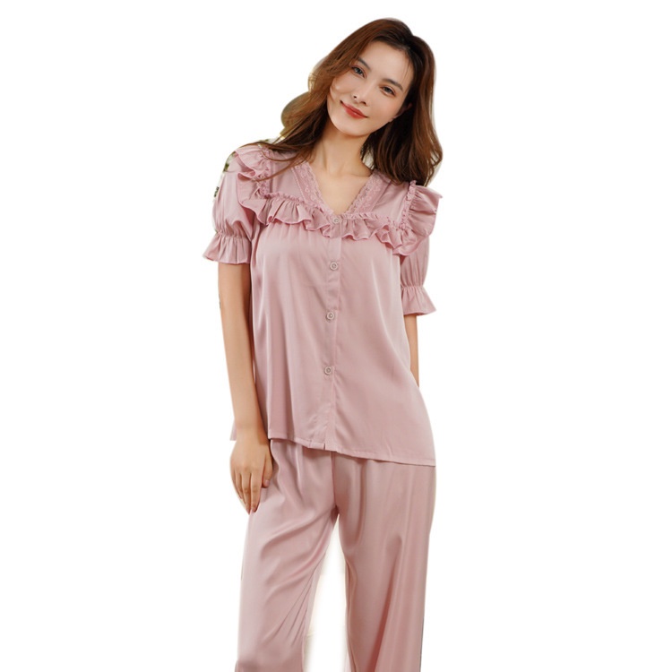 Bộ Đồ Ngủ Pijama Ngắn Tay Cổ Búp Bê Bằng Lụa Mát Phong Cách Công Chúa Dành Cho Nữ