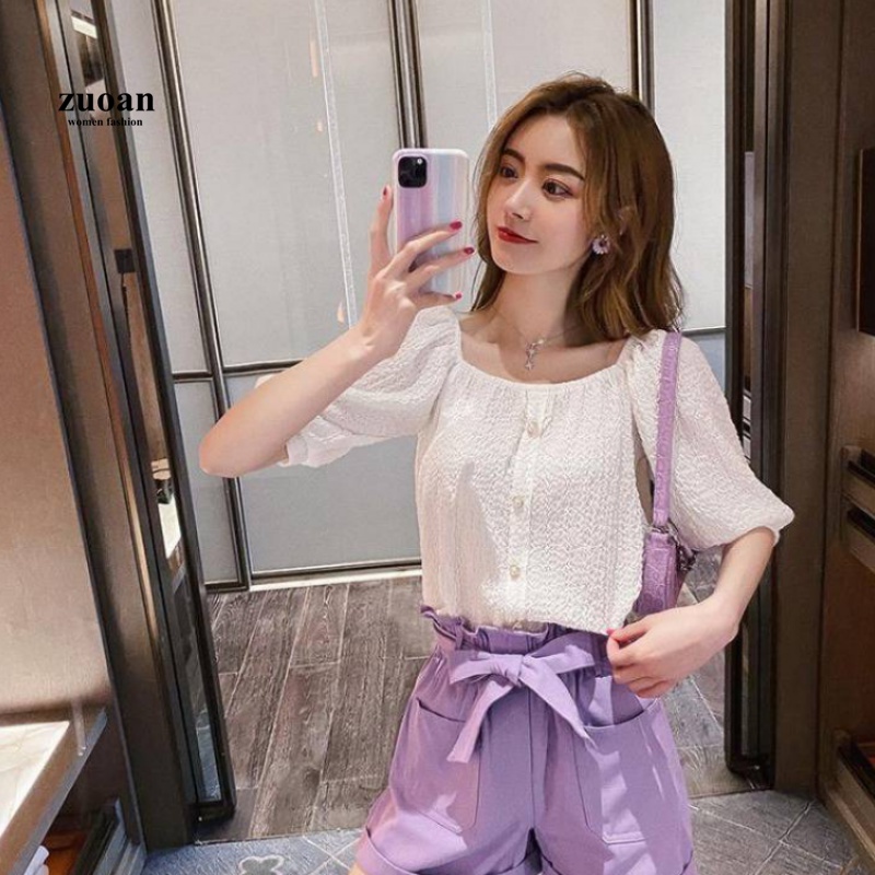 SUXI Áo Tay Ngắn Thiết Kế Cổ Vuông Dáng Rộng Màu Trơn Đáng Yêu Cho Nữ