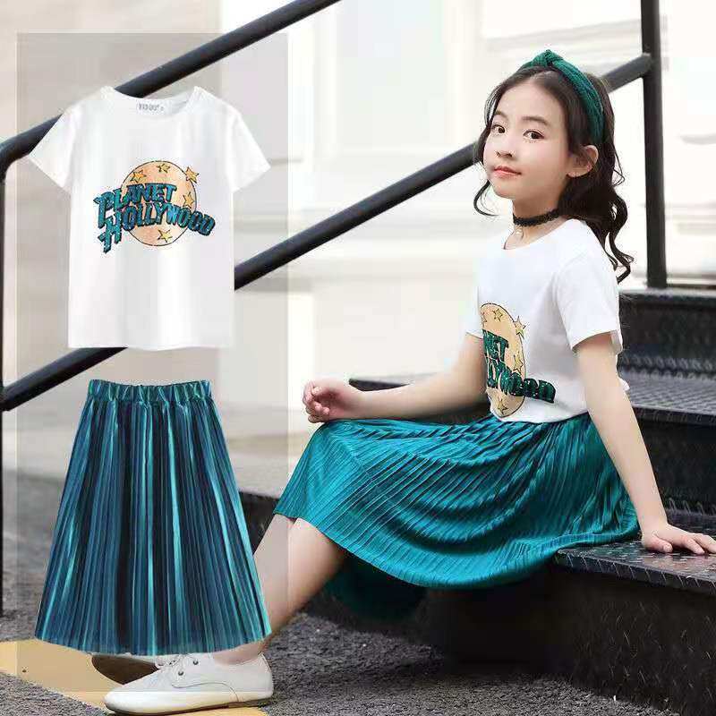 Bộ Áo Thun Cotton + Chân Váy Xếp Ly Dài Qua Gối Thời Trang Mùa Hè Cho Bé Gái 5-12 Tuổi