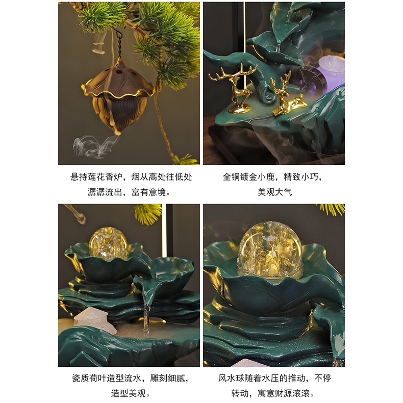 Đồ trang trí đôi hươu vàng, thác nước ngọc tạo dòng chảy may mắn - Lư hương đài sen, quả cầu phong thủy