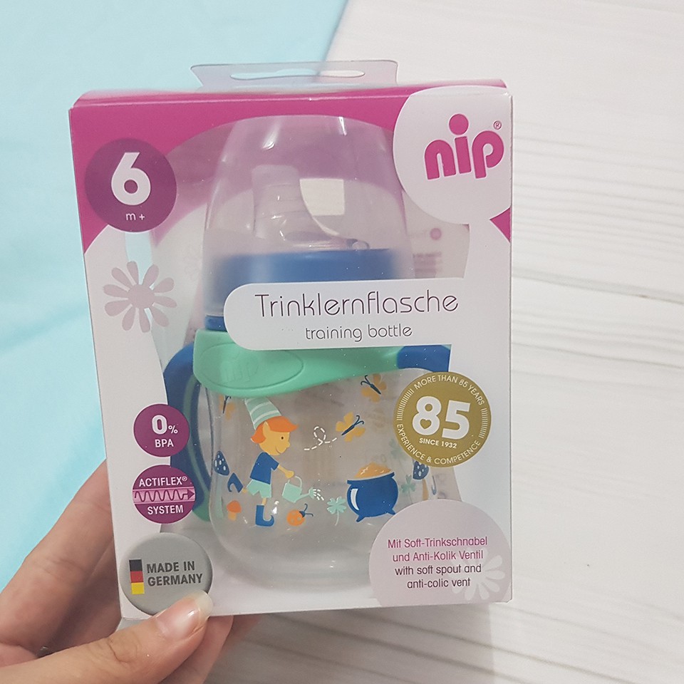 Bình Tập Uống Nip Cổ Rộng 150ml, Có Tay Cầm Và Đầu Hút Silicone Siêu Mềm