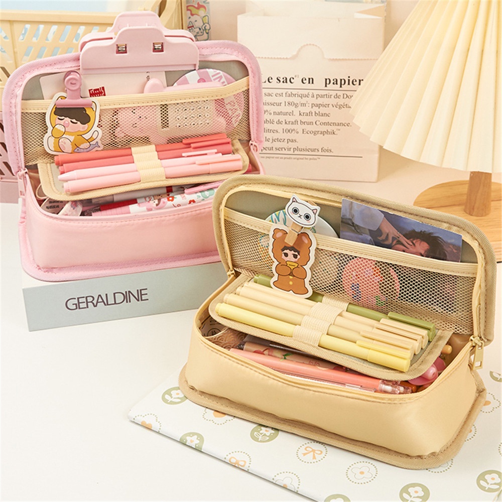 Cod Qipin Túi Đựng Bút Chì Mỹ Phẩm Để Bàn Nắp Lật Hai Ngăn Hình Chữ Nhật Màu Kẹo Đơn Giản INS Dành Cho Bạn Nữ