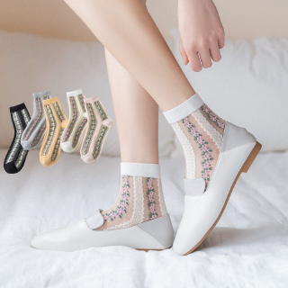 Colorful Striped Daisy Sheer Tulle Socks Women Floral Ruffle White Silk Glass Socks Lace Elastic Ultra Embroid Mesh Nylon Socks