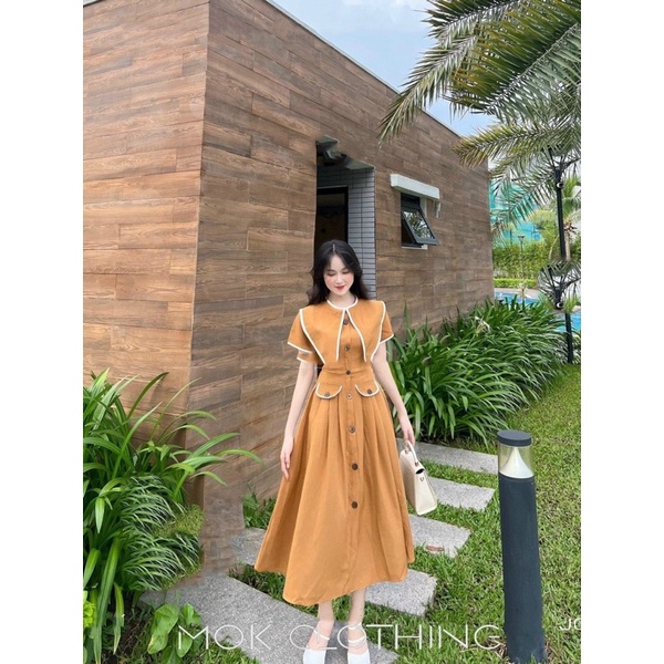 Đầm Cổ Nhọn Dáng Dài đính Nút Siêu Xinh Hàng Thiết Kế Cao Cấp