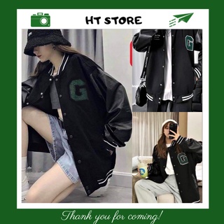 Áo Khoác Bomber Nam Nữ Varsity Jacket form rộng chất nỉ Phối Tay Da thêu chữ G màu xanh
