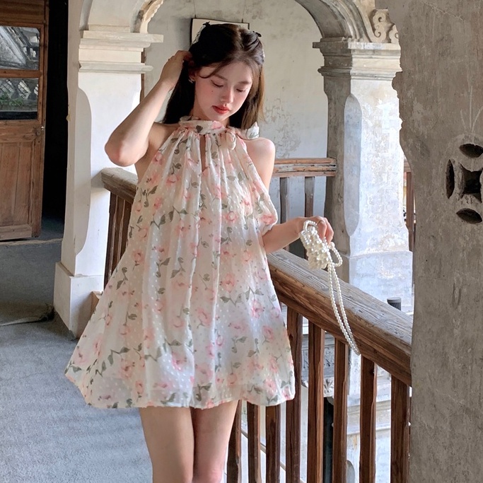Đầm Chiffon Không Tay Cổ Yếm Dáng Rộng In Họa Tiết Hoa Thời Trang Mùa Hè Hàn Quốc Hàng Mới Quyến Rũ Cho Nữ