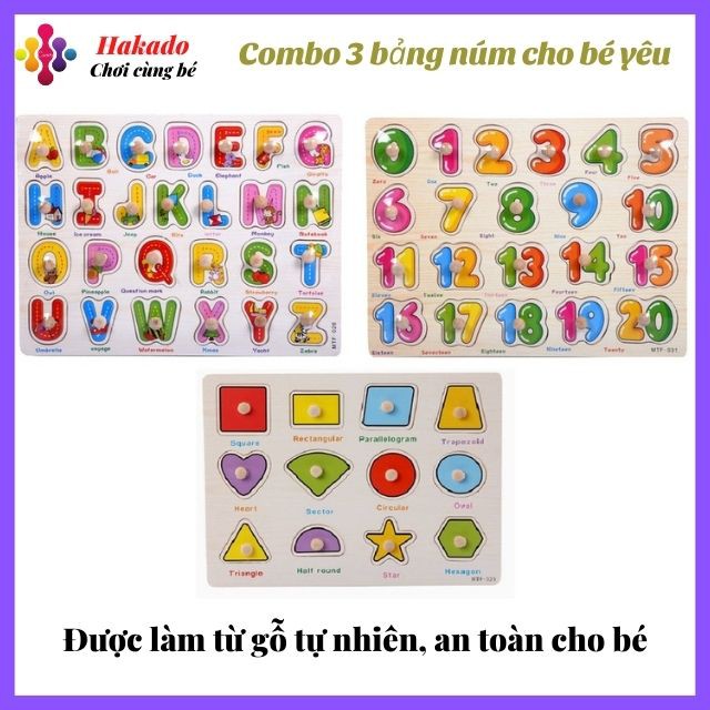 [Mã LIFE0503TOYS giảm 10% đơn 0Đ] Combo 3 bảng núm gỗ lắp ghép chữ, 20 số và hình khối