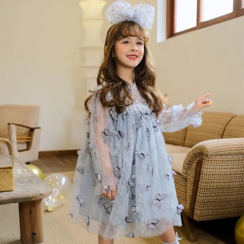 Đầm Công Chúa Tay Dài Phối Ren Hình Bướm Ba Chiều Phong Cách Phương Tây Kiểu Mới Dành Cho Bé Gái 2022