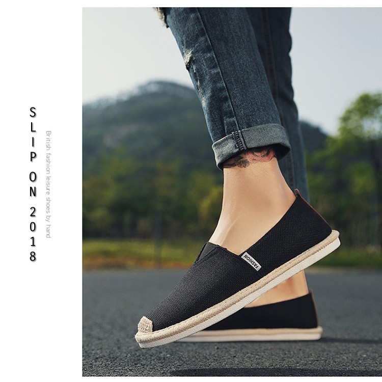 Slip on nam - Giày lười vải nam cao cấp - Vải bố màu đen, mũi cói - Mã SP 2905