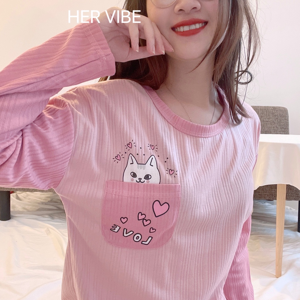 Pijama nữ dài tay thu đông mềm mại, Đồ bộ nữ mặc nhà dễ thương mềm mại nhiều màu Her Vibe