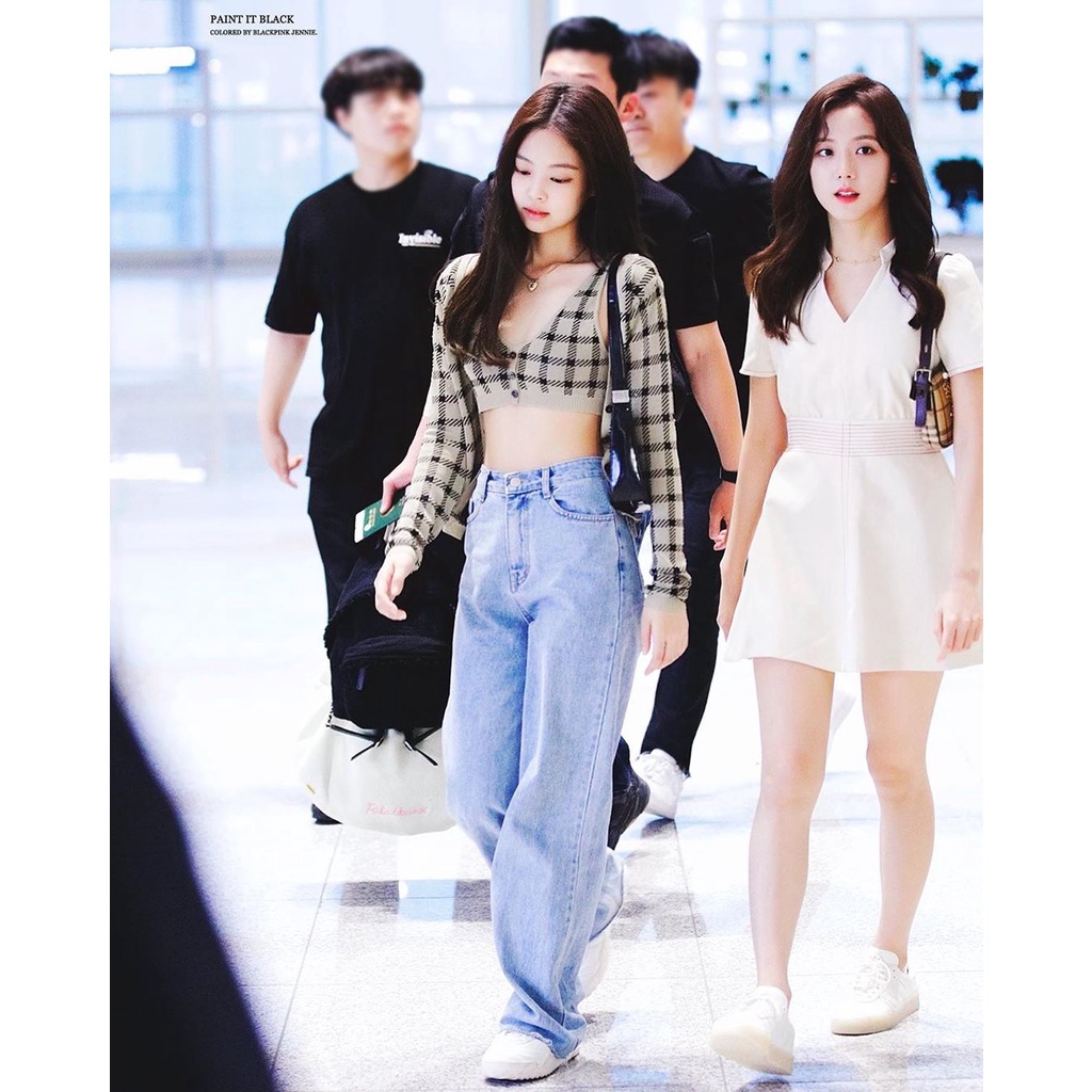 Set bra nâu + áo cardigan kẻ ô  JENNIE BLACKPINK