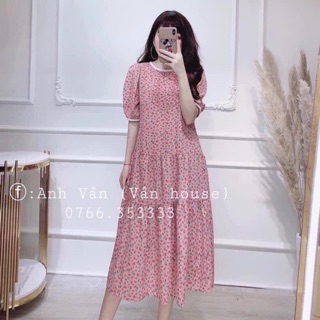 Váy hoa nhí hồng tầng viền trắng