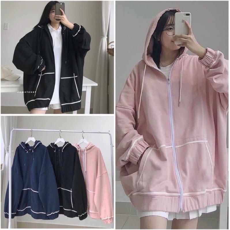 Áo Khoác Hoodie Dây Kéo Viền Tay Bồng Unisex❤Jacket Form Rộng Có Mũ Màu ĐEN | HỒNG Ulzzang Hot Hit ❤️