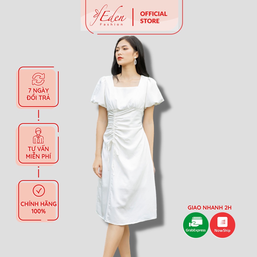 Đầm trắng cổ vuông tay phồng 2 lớp thời trang Eden dây rút eo chất liệu mango thoáng mát có lót - D446