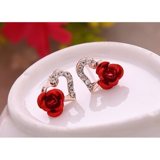 Bông tai hình trái tim đính hoa hồng đỏ Hàn Quốc