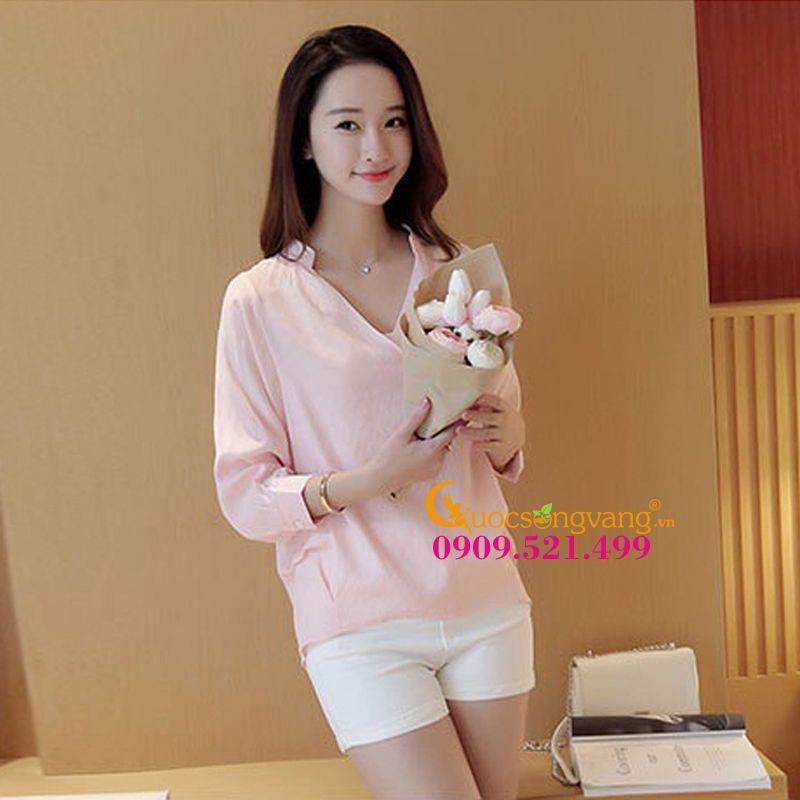 Áo nữ áo kiểu tay lỡ vạt trước ngắn sau đuôi tôm GLA034 hồng nhạt Cuocsongvang