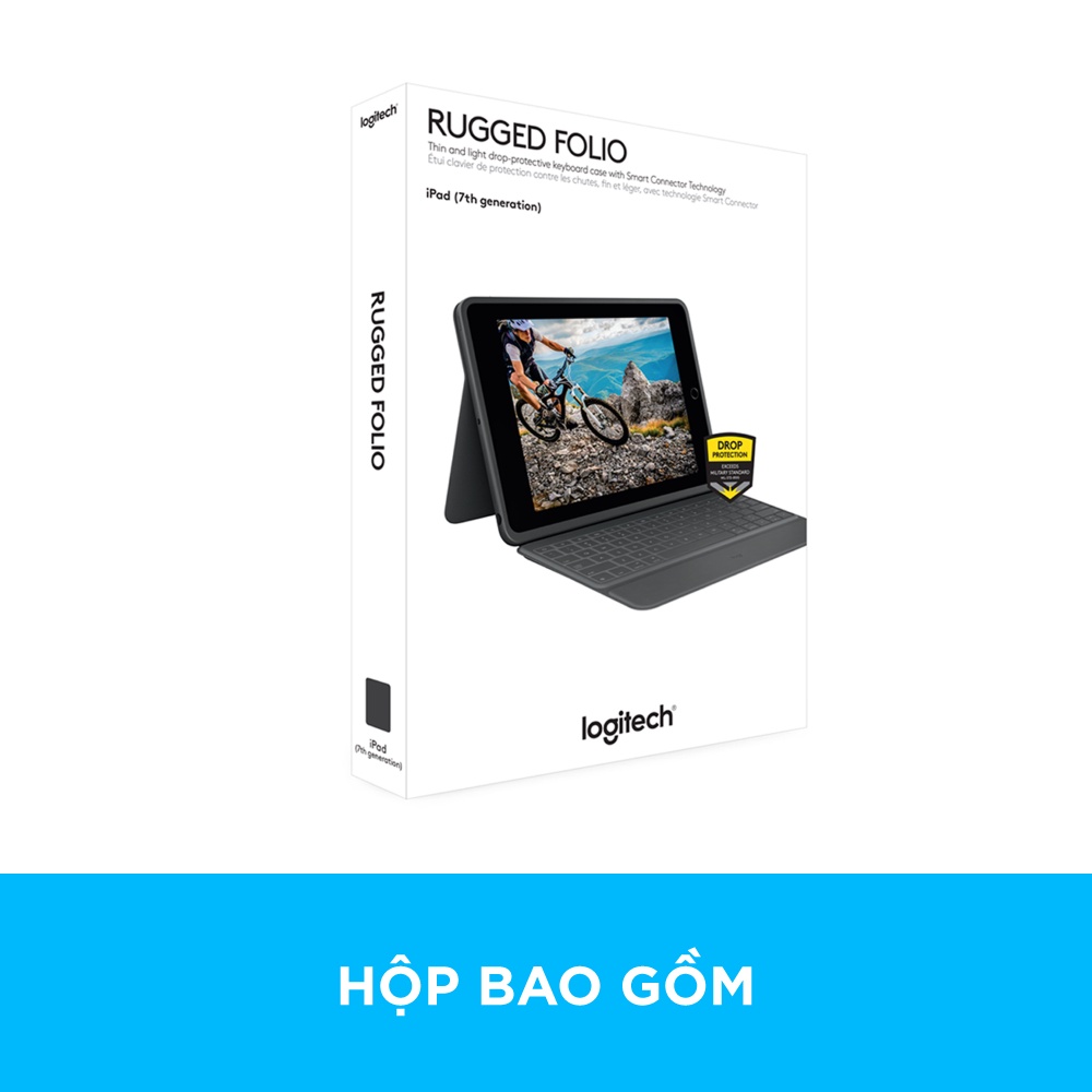 Bao da kèm bàn phím Logitech Rugged Folio dành cho ipad Gen 7, 8, 9 - Chống sốc, bảo vệ chắc chắn, Mỏng