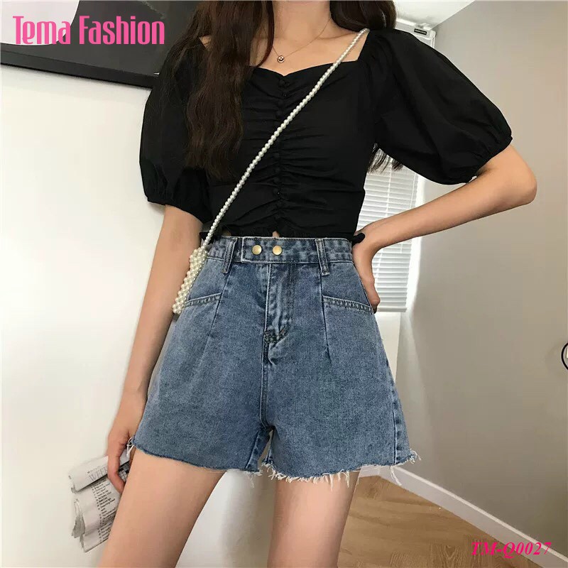 [Mã FAXANH245 giảm 10K đơn 50K] Quần short jean nữ TEMA - Quần đùi nữ jean dày dặn màu xanh gấu rách siêu đẹp