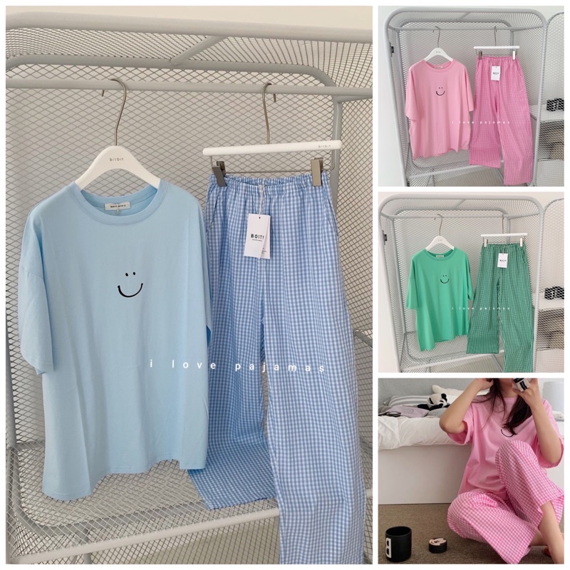 [CÓ SẴN] Set đồ bộ áo phông + quần dài caro , bộ ngủ Hàn Quốc ullzang dễ thương