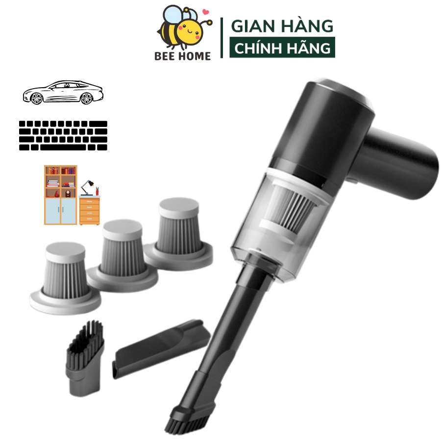Máy hút bụi mini cầm tay không dây sạc pin, hút bụi ô tô và nhà cửa, lực hút 9000PA tặng kèm nhiều đầu hút