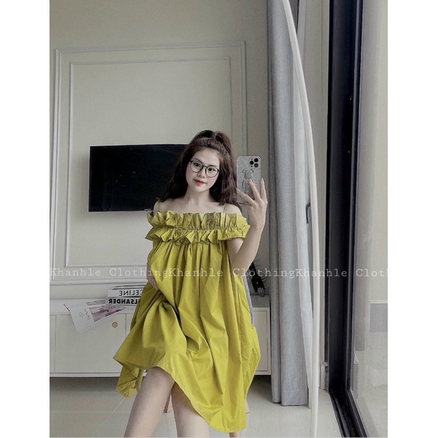 Đầm suông hai dây viền bèo trễ vai