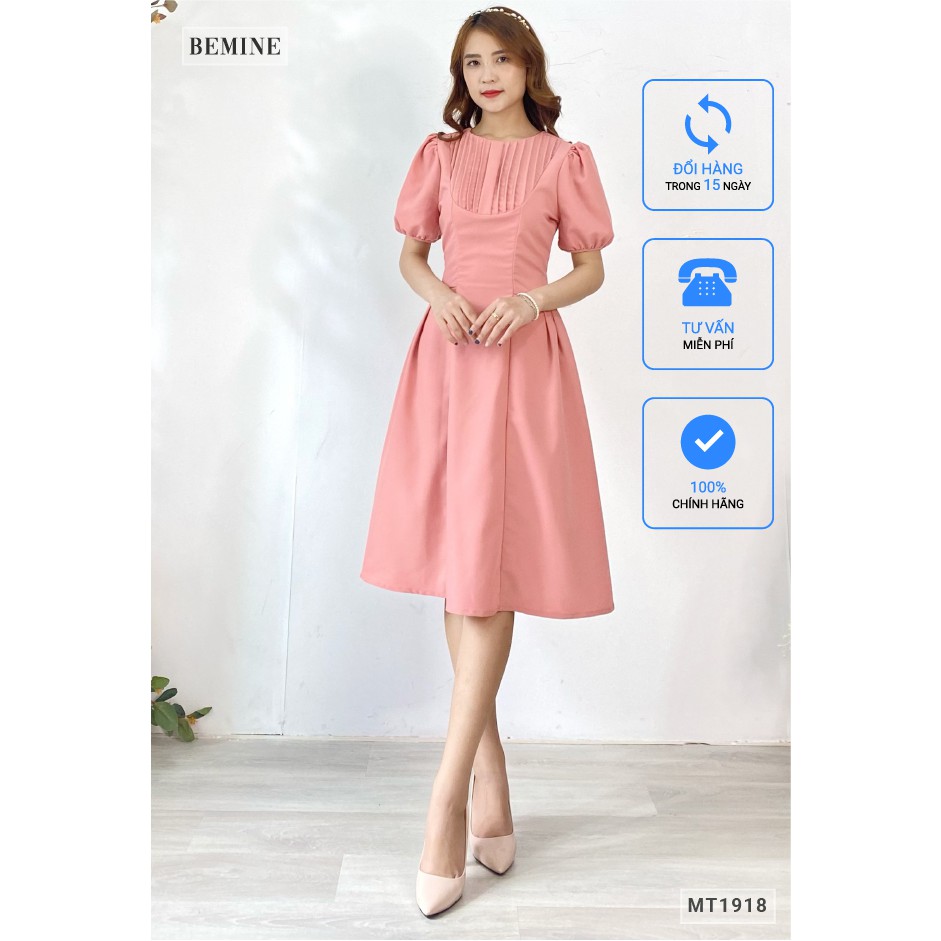 Đầm cổ tròn xếp ly ngực BEMINE MT1918HONG