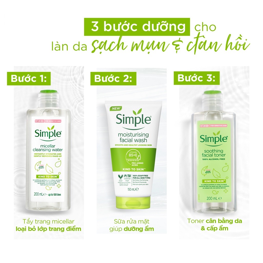 Sữa rửa mặt Simple Moisturising Facial Wash giúp cấp ẩm, da trông khỏe và mịn màng - cho da khô nhạy cảm 150ml