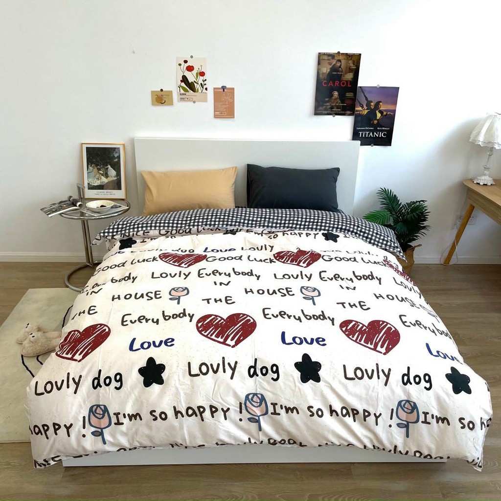 Bộ Drap & Chăn Phao Cotton Poly Tim Chữ