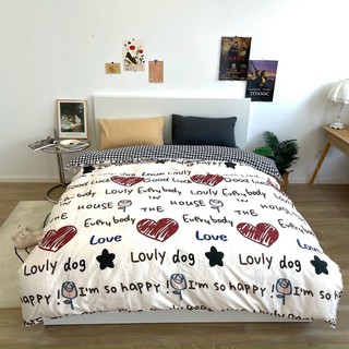 Bộ drap & chăn phao cotton poly tim chữ