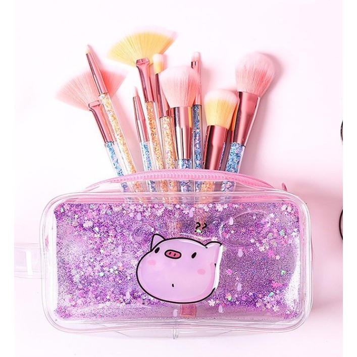 BÓP VIẾT NHỰA ĐỰNG BÚT TRONG KIM TUYẾN LẤP LÁNH HÌNH HEO - BÓP ĐỰNG BÚT TRONG SUỐT NHIỀU MÀU