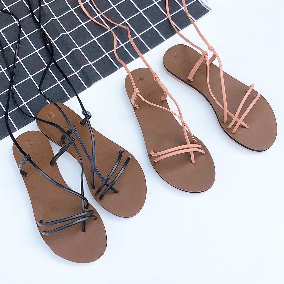 [Siêu rẻ] Giày sandal nữ đế bằng xỏ ngón quai mảnh hậu cột dây đi học đi làm cực êm - Kimmiso SX01