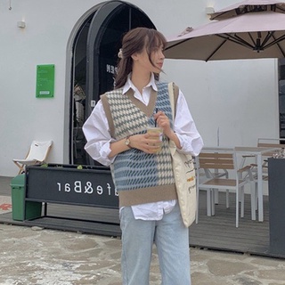 Áo gile len ulzzang kiểu hàn, áo len gile nữ họa tiết phối màu cổ khoét phong cách hàn quốc