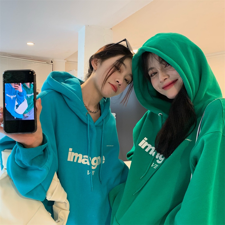 Áo hoodie IHKKE nhung dày dặn dáng rộng in chữ đơn giản thời trang dành cho nữ