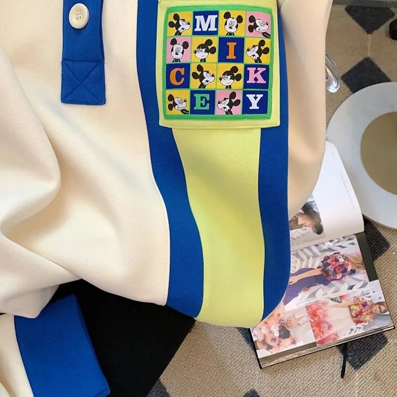 Áo Sweater Tay Dài Có Túi In Họa Tiết Hoạt Hình Màu Tương Phản Thời Trang Mùa Thu Cho Nữ